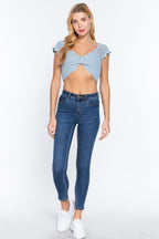 Blue Zone Planet |  Short Sleeve V-neck Front Knot Detail Sweater Knit Crop Top