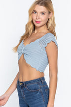Blue Zone Planet |  Short Sleeve V-neck Front Knot Detail Sweater Knit Crop Top