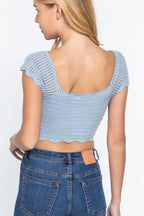 Blue Zone Planet |  Short Sleeve V-neck Front Knot Detail Sweater Knit Crop Top