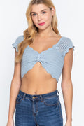 Blue Zone Planet |  Short Sleeve V-neck Front Knot Detail Sweater Knit Crop Top