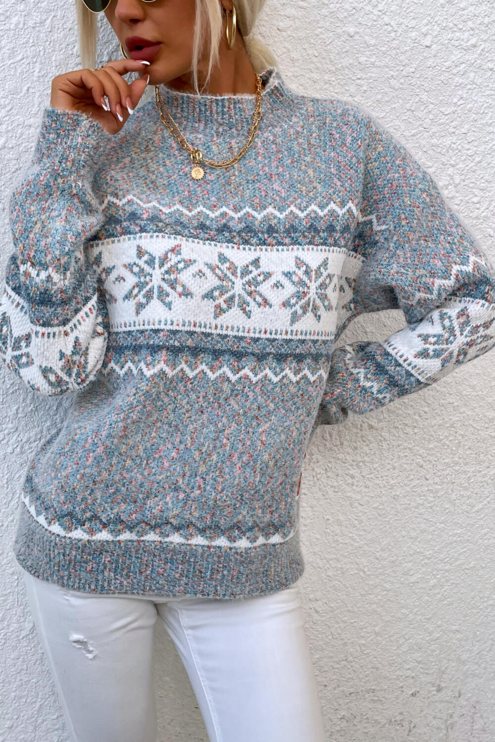 Blue Zone Planet |  Snowflake Pattern Mock Neck Sweater