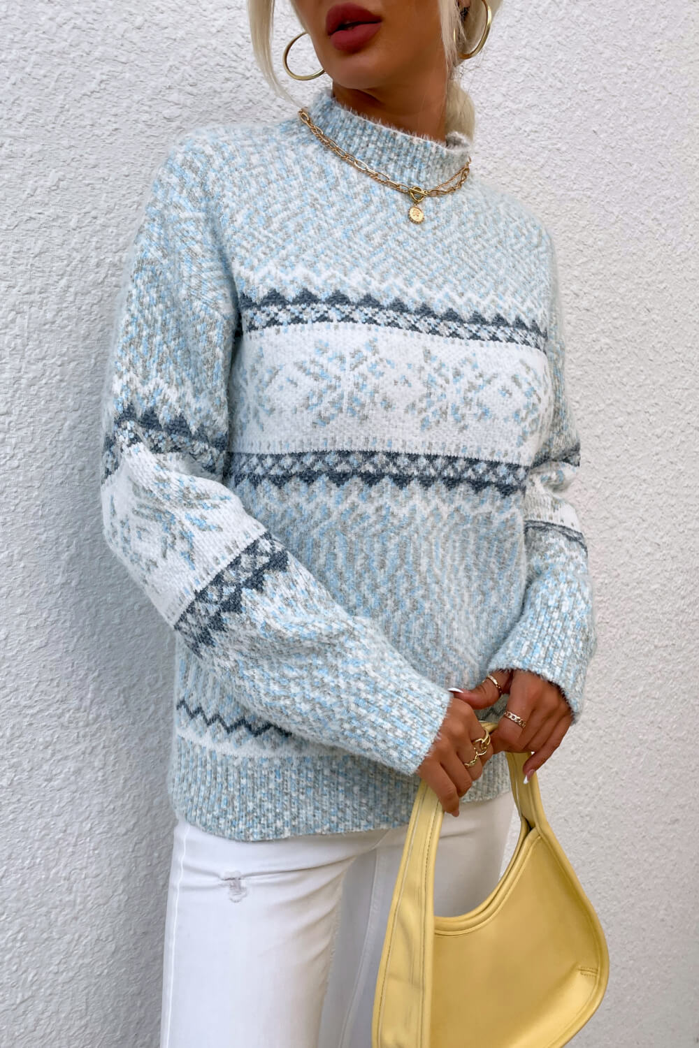 Blue Zone Planet |  Snowflake Pattern Mock Neck Sweater