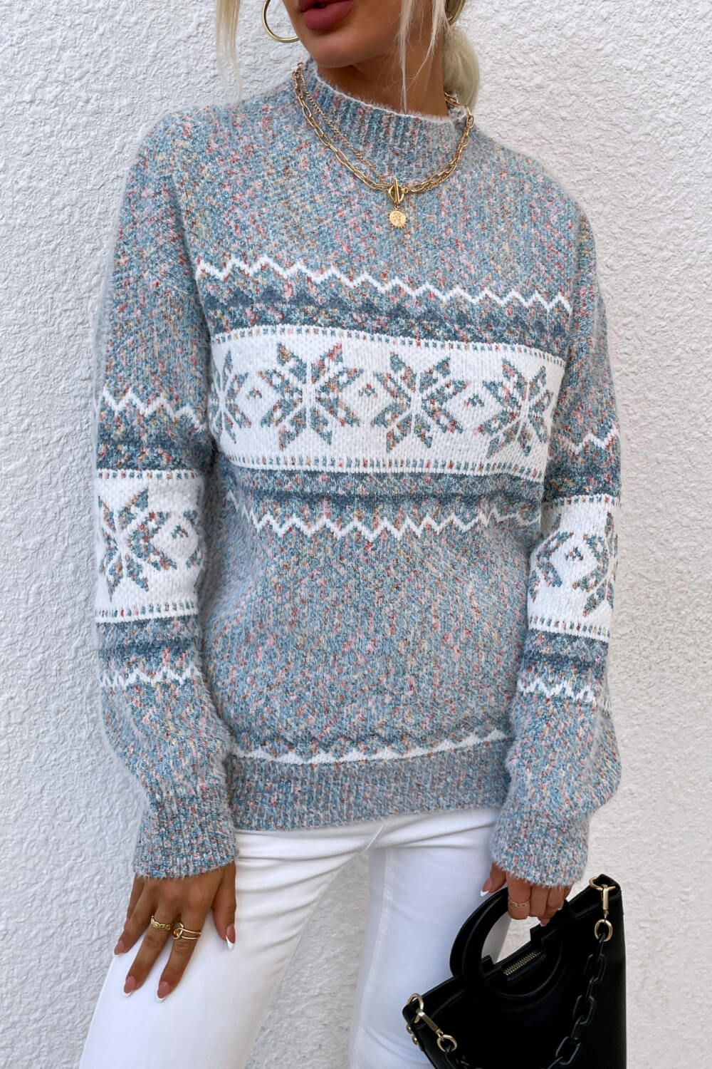 Blue Zone Planet |  Snowflake Pattern Mock Neck Sweater