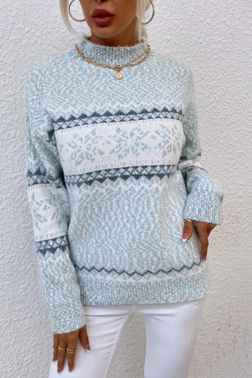 Blue Zone Planet |  Snowflake Pattern Mock Neck Sweater