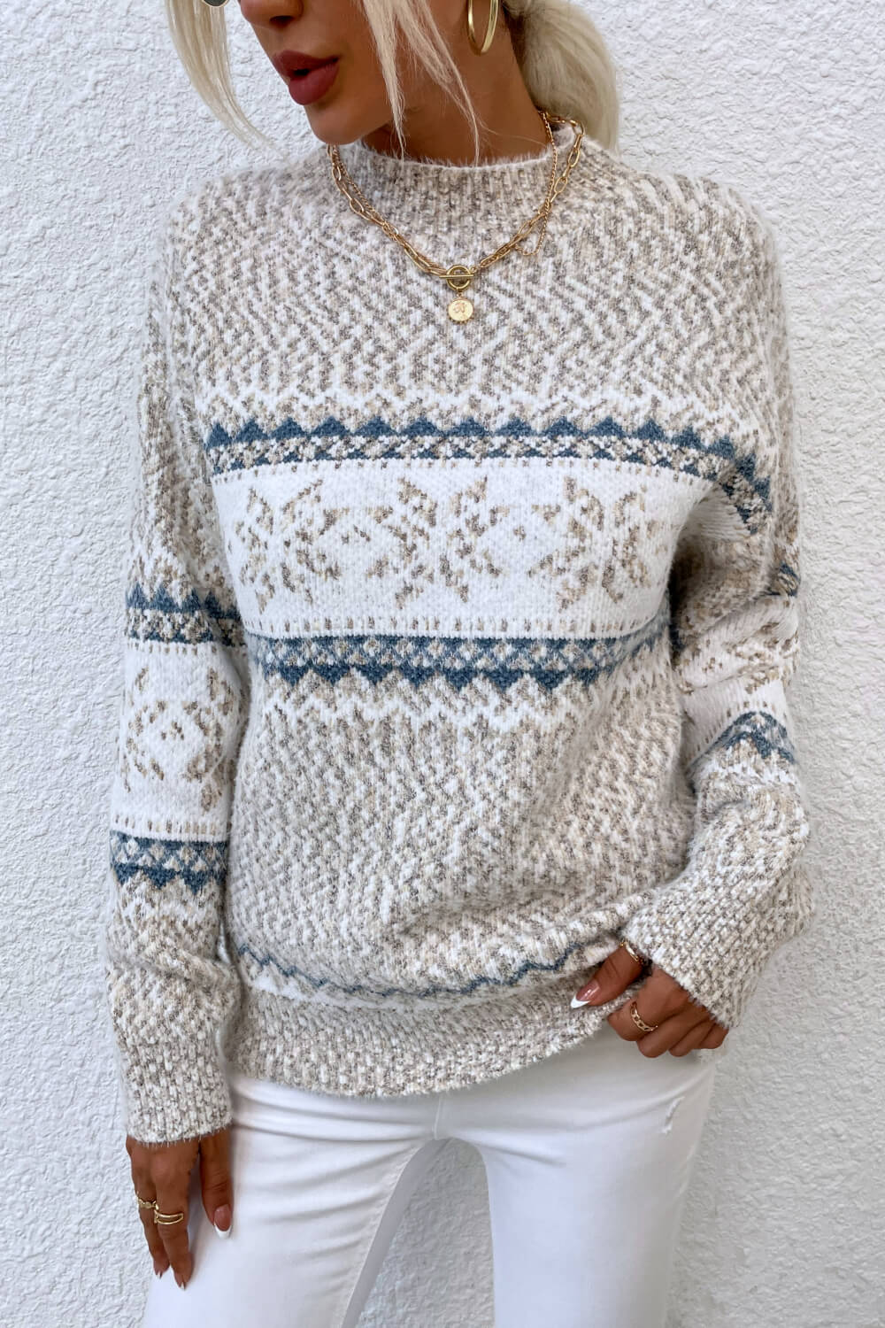 Blue Zone Planet |  Snowflake Pattern Mock Neck Sweater