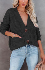Solid V-Neck Single Breasted Long Sleeved Sweater