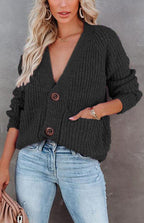 Solid V-Neck Single Breasted Long Sleeved Sweater
