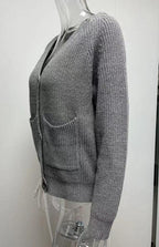 Solid V-Neck Single Breasted Long Sleeved Sweater