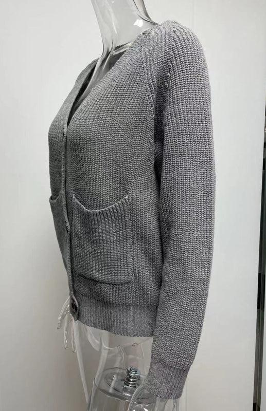 Solid V-Neck Single Breasted Long Sleeved Sweater