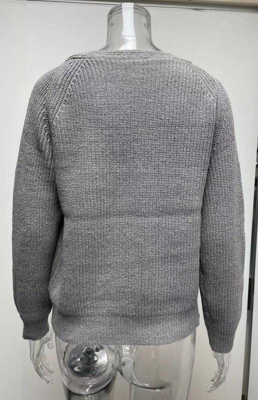 Solid V-Neck Single Breasted Long Sleeved Sweater