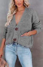 Solid V-Neck Single Breasted Long Sleeved Sweater