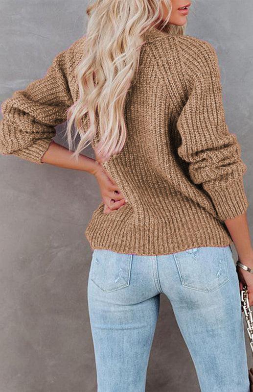 Solid V-Neck Single Breasted Long Sleeved Sweater