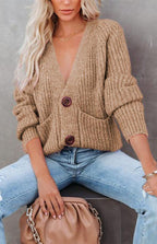 Solid V-Neck Single Breasted Long Sleeved Sweater