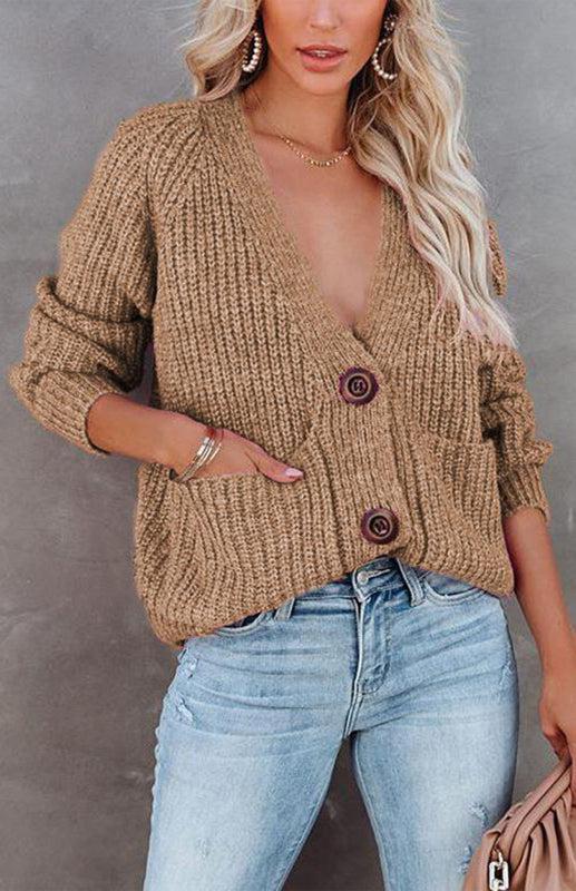 Solid V-Neck Single Breasted Long Sleeved Sweater