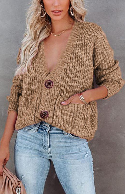 Solid V-Neck Single Breasted Long Sleeved Sweater