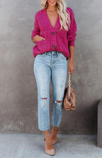Solid V-Neck Single Breasted Long Sleeved Sweater