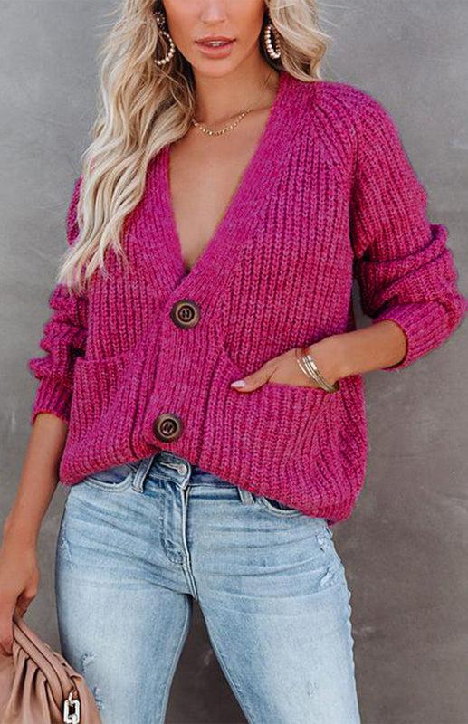 Solid V-Neck Single Breasted Long Sleeved Sweater
