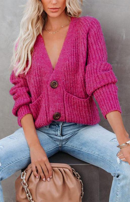 Solid V-Neck Single Breasted Long Sleeved Sweater