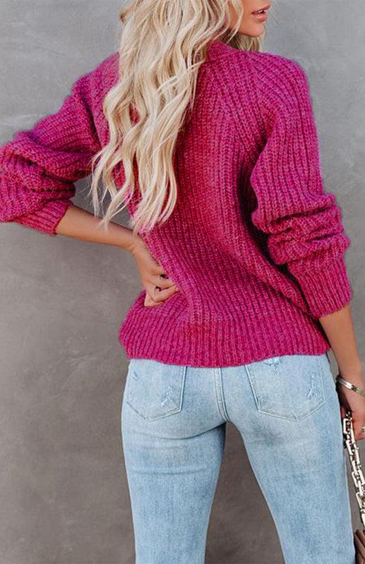 Solid V-Neck Single Breasted Long Sleeved Sweater
