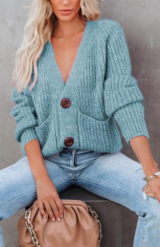 Solid V-Neck Single Breasted Long Sleeved Sweater