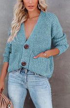 Solid V-Neck Single Breasted Long Sleeved Sweater