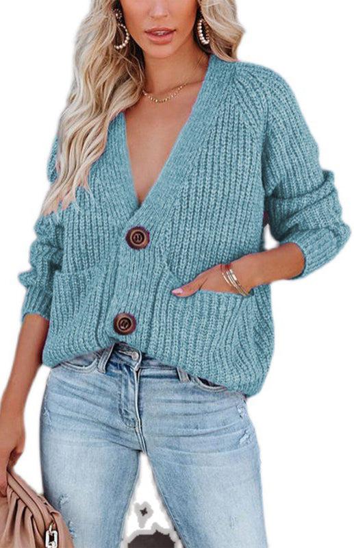 Solid V-Neck Single Breasted Long Sleeved Sweater