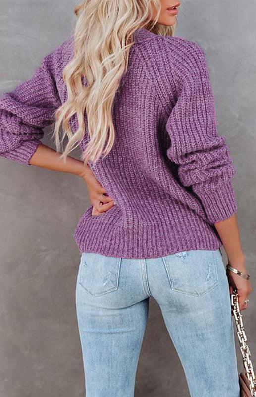 Solid V-Neck Single Breasted Long Sleeved Sweater