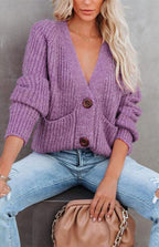 Solid V-Neck Single Breasted Long Sleeved Sweater