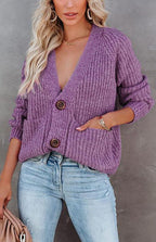 Solid V-Neck Single Breasted Long Sleeved Sweater