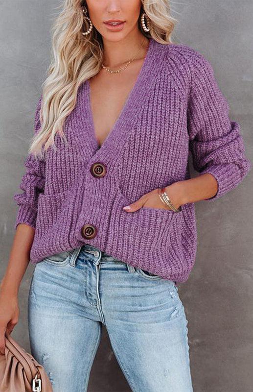 Solid V-Neck Single Breasted Long Sleeved Sweater