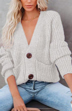 Solid V-Neck Single Breasted Long Sleeved Sweater