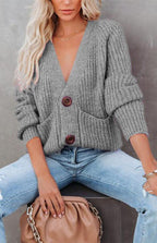 Solid V-Neck Single Breasted Long Sleeved Sweater
