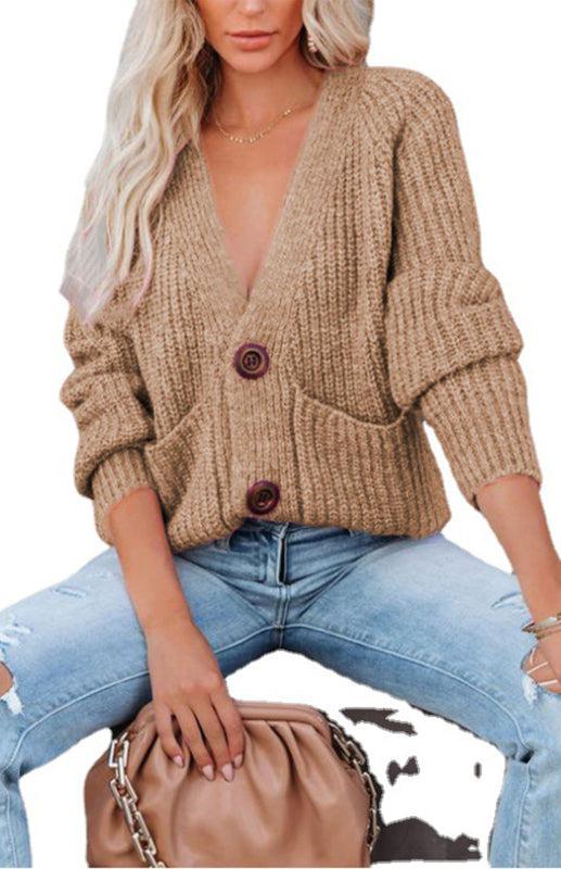 Solid V-Neck Single Breasted Long Sleeved Sweater