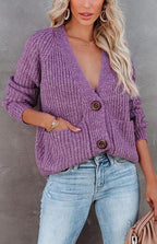 Solid V-Neck Single Breasted Long Sleeved Sweater