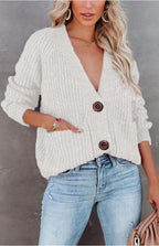 Solid V-Neck Single Breasted Long Sleeved Sweater