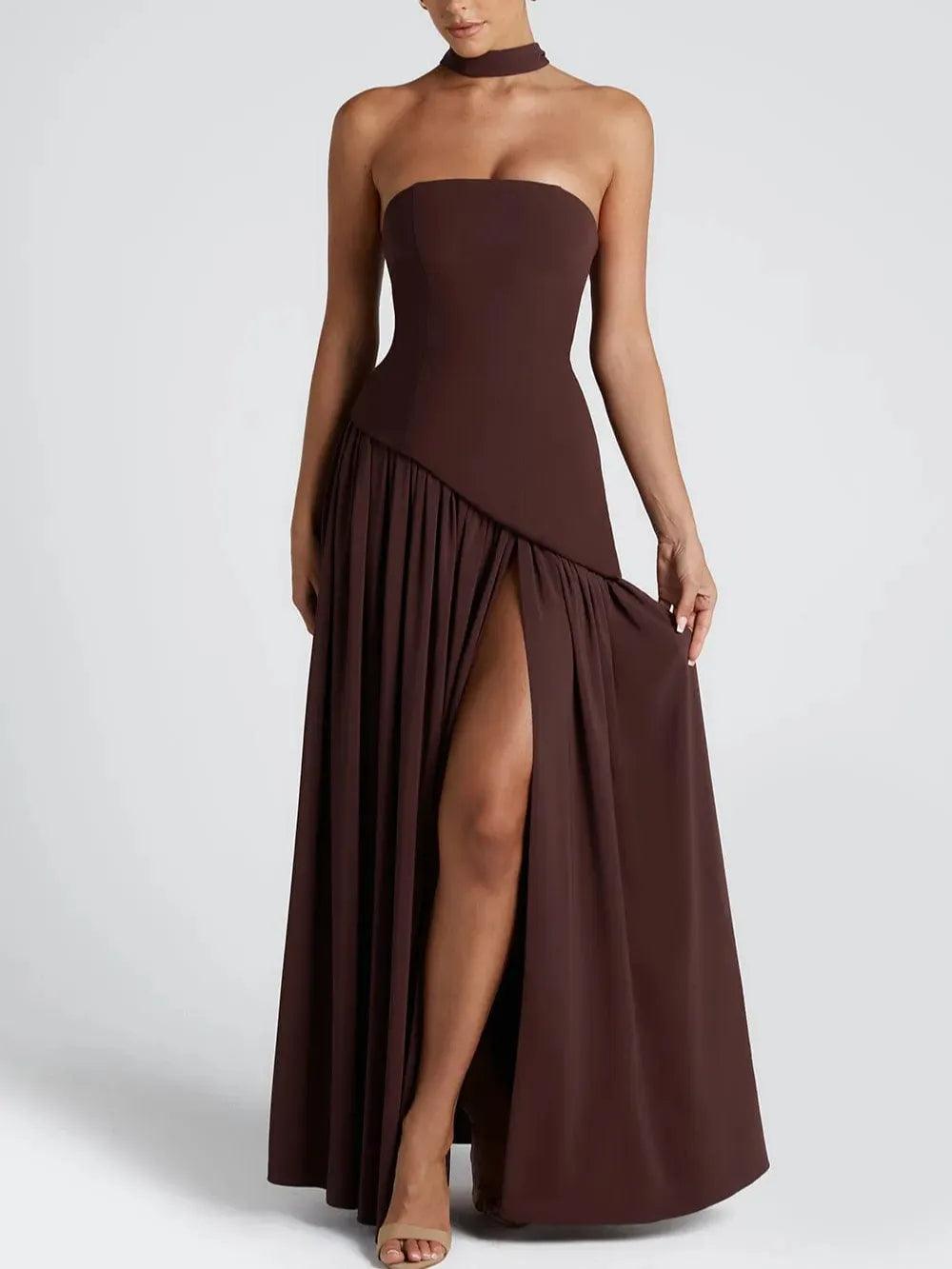 Maliyah Maxi Dress - Elegant Cherry Lacquer Evening Gown with Asymmetrical Bodice and Chiffon Skirt
