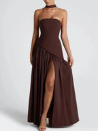 Maliyah Maxi Dress - Luxurious Cherry Lacquer Formal Gown with Asymmetrical Bodice and Chiffon Skirt