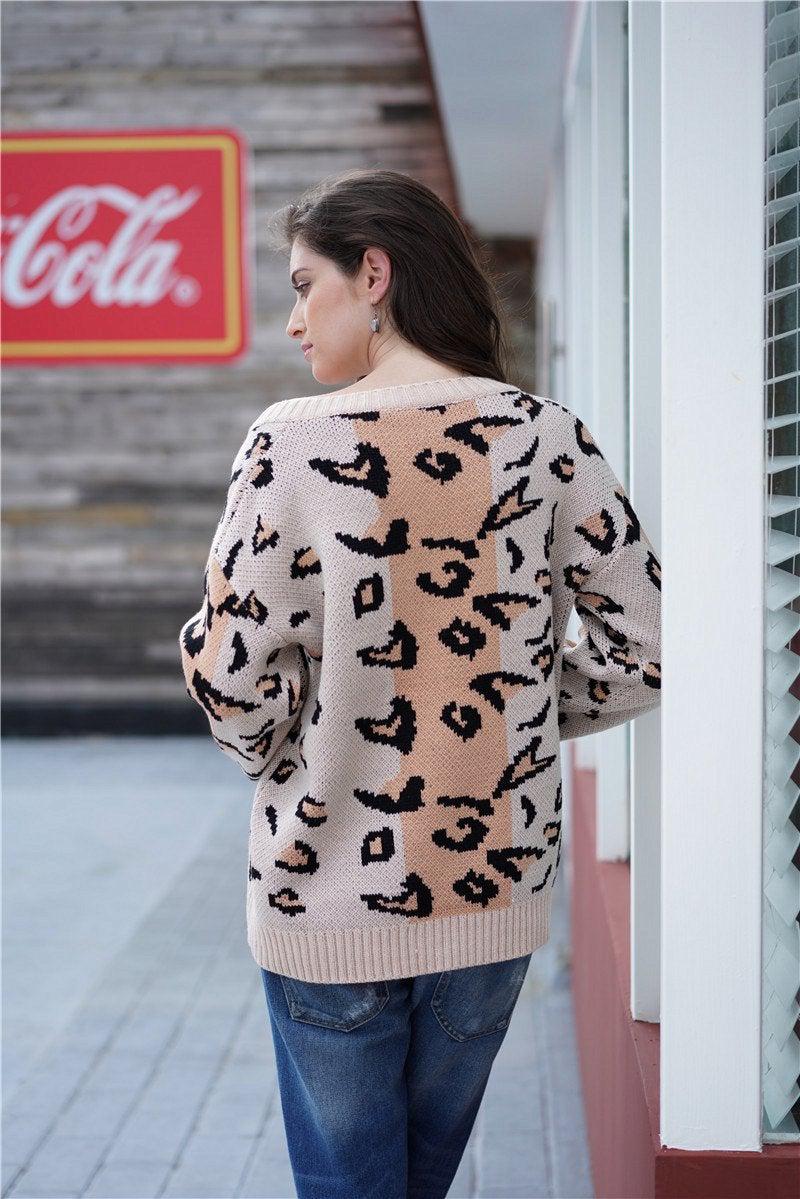 Blue Zone Planet |  Striped Leopard Print Balloon Sleeve Sweater