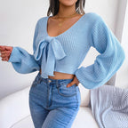 Blue Zone Planet |  Tie-Front Rib-Knit Cropped Sweater