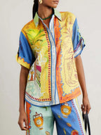 Women's Summer Fantasy Print Short Sleeve Loose Top & Matching Pants Set - Vibrant & Breathable Vacation Wear