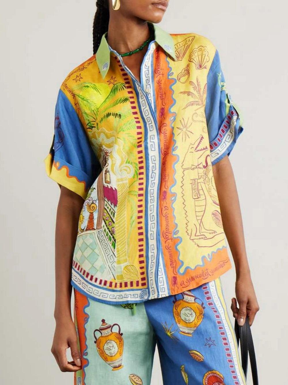 Women's Summer Fantasy Print Short Sleeve Loose Top & Matching Pants Set - Vibrant & Breathable Vacation Wear