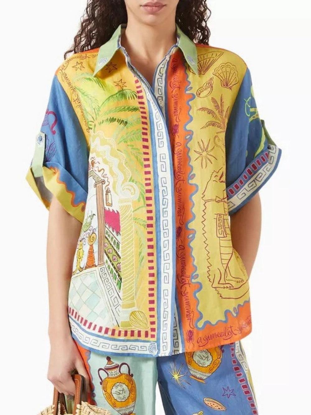 Women's Summer Fantasy Print Short Sleeve Loose Top & Matching Pants Set - Vibrant & Breathable Vacation Wear