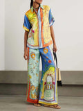 Women's Summer Fantasy Print Short Sleeve Loose Top & Matching Pants Set - Vibrant & Breathable Vacation Wear