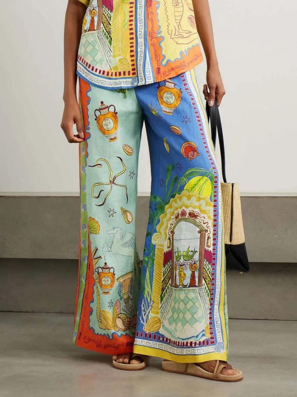 Women's Summer Fantasy Print Short Sleeve Loose Top & Matching Pants Set - Vibrant & Breathable Vacation Wear