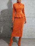 Elegant Suede Stand-Up Collar Top and Long Skirt Set - Urban Style