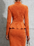 Elegant Suede Stand-Up Collar Top and Long Skirt Set - Urban Style