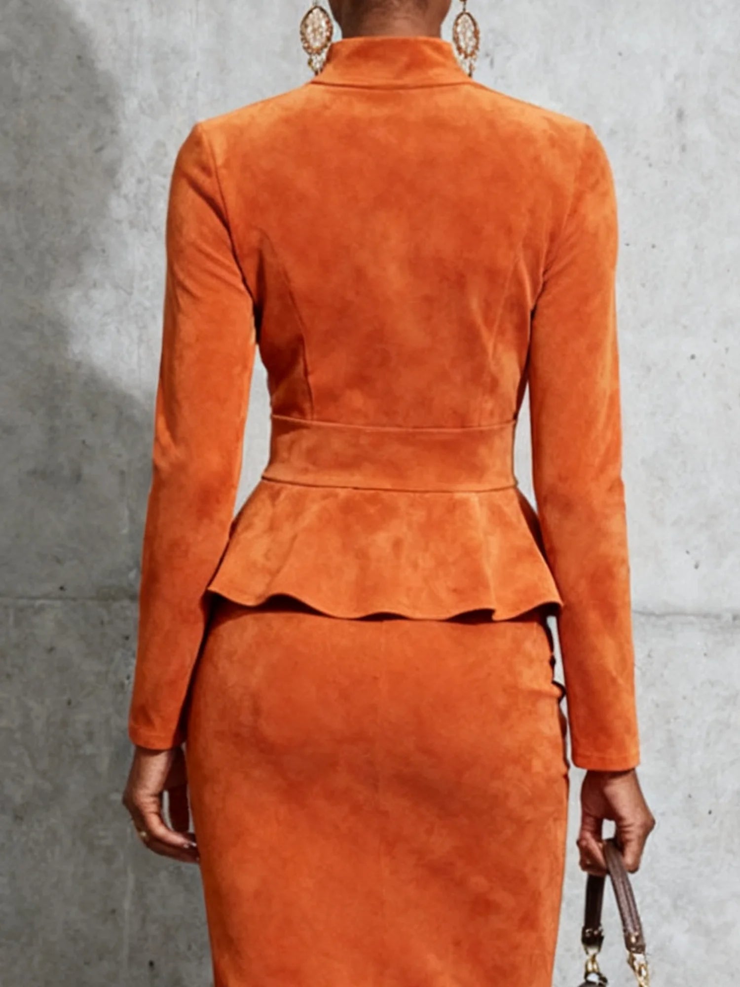 Elegant Suede Stand-Up Collar Top and Long Skirt Set - Urban Style