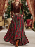 Elegant V-Neck Lace Long-Sleeved Velvet T-Shirt Paired with a Chic Red Plaid Skirt Set (Belt Included)