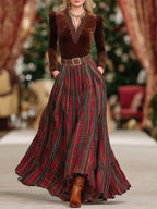 Elegant V-Neck Lace Long-Sleeved Velvet T-Shirt Paired with a Chic Red Plaid Skirt Set (Belt Included)