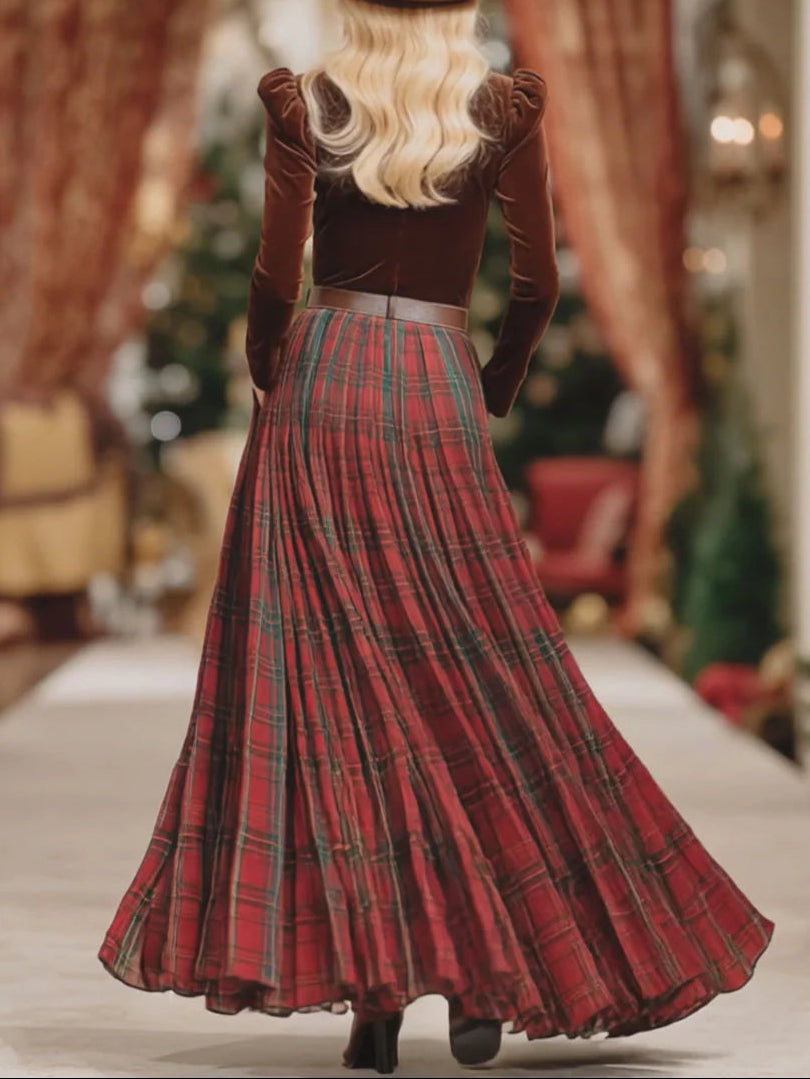Elegant V-Neck Lace Long-Sleeved Velvet T-Shirt Paired with a Chic Red Plaid Skirt Set (Belt Included)